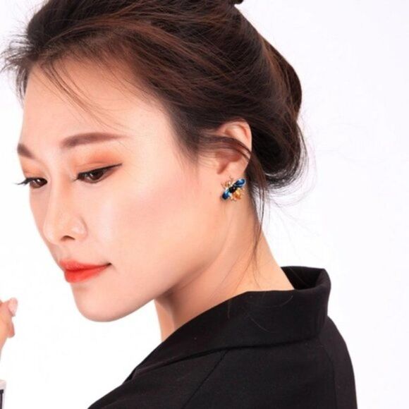 Blue Enamel Glaze Mismatch Crystal Bee Asymmetrical Gold Statement Drop Earrings - Picture 4 of 13